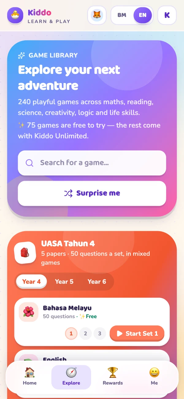The game library with search, a surprise button and UASA Tahun 4 practice