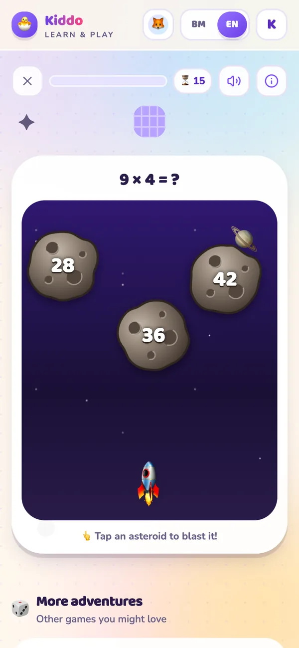 A times-table game where the child taps the asteroid carrying the right answer