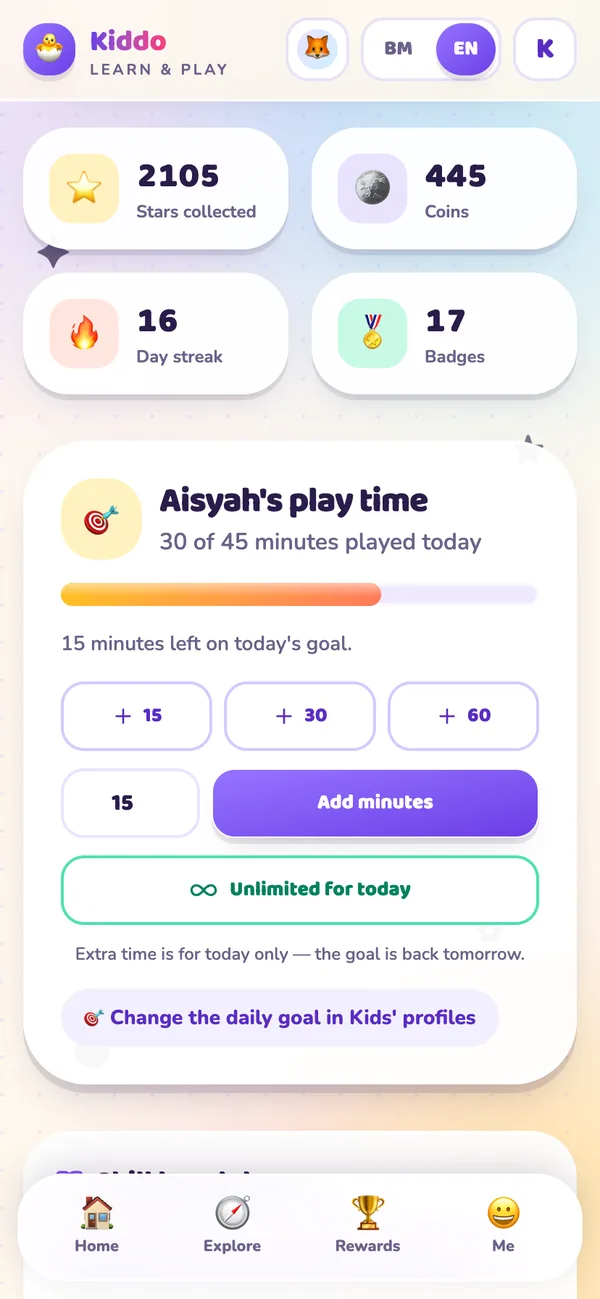 The play time card with buttons to add minutes