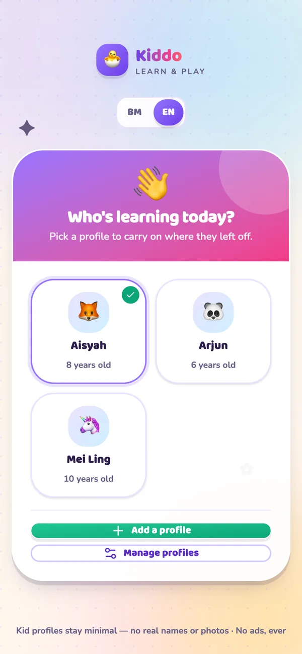 The profile picker showing three children on one account