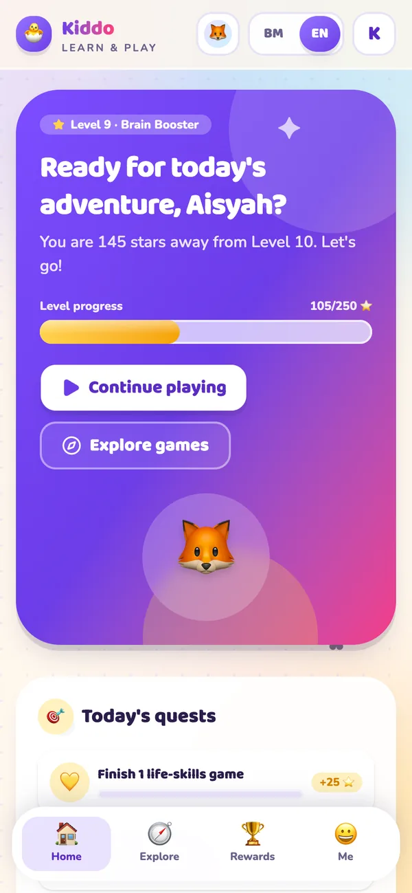 Kiddo home screen with the child’s level, progress bar and today’s quests