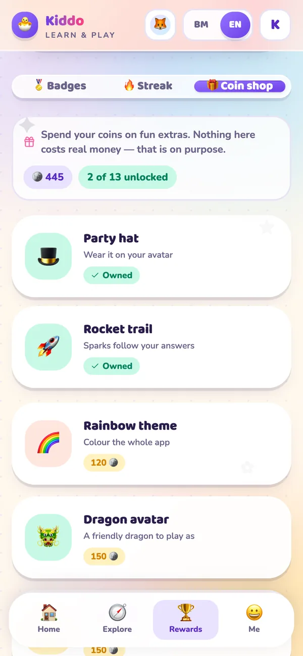 The coin shop, listing rewards a child can unlock with coins