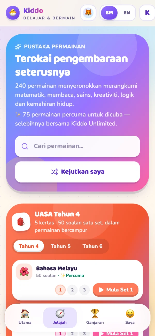 Pustaka permainan dengan carian, butang kejutan dan trek Matriks Tahun 4