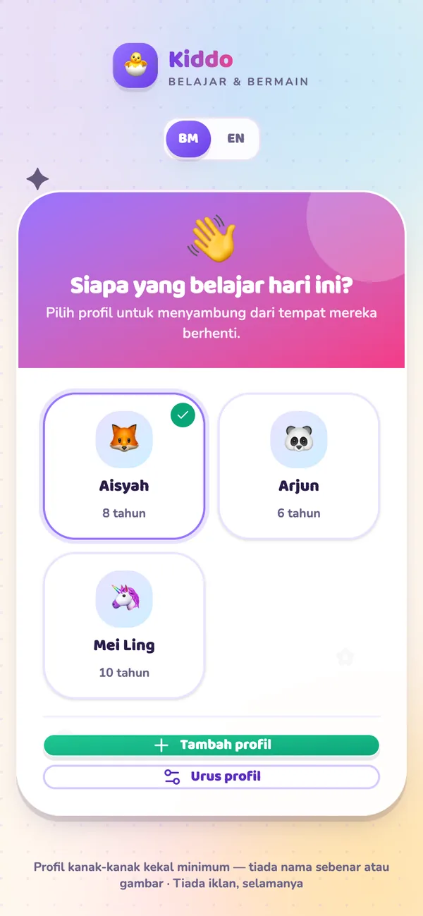 Pemilih profil dengan tiga orang anak dalam satu akaun